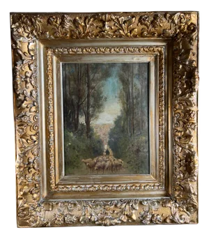 After Barbizon, Shepherd and His Flock in the Forest, 19th Century, Painting on Panel, Framed