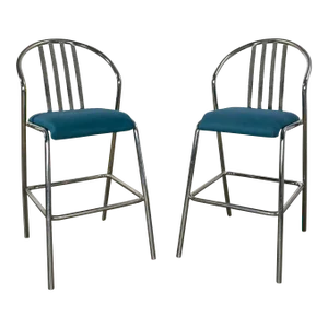 Modern Industrial Chrome & Blue Fabric Bar Height Barstools a Pair