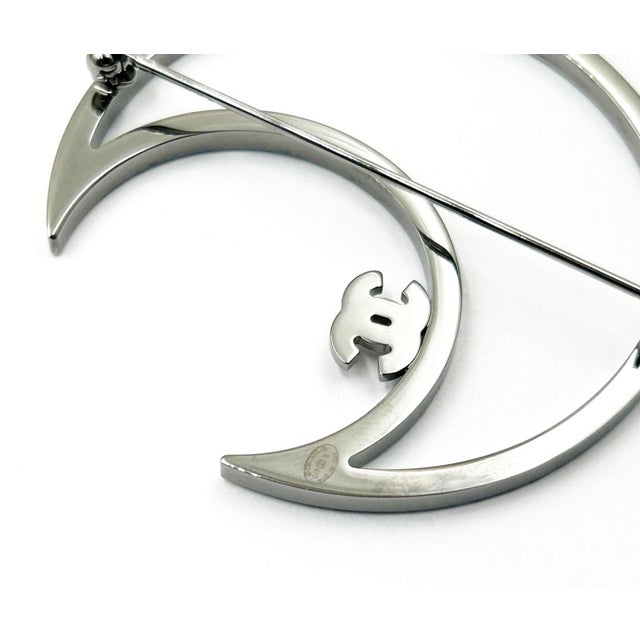 Chanel Chanel Silver Blue Crystal Half Moon Brooch For Sale - Image 4 of 4