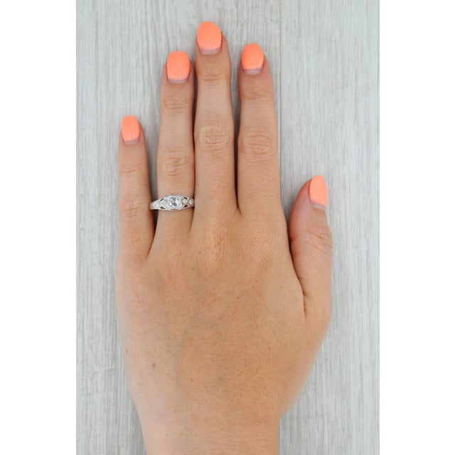 Metal Floral Diamond Engagement Ring 14k White Gold Size 6.5 Rose Cut Solitaire For Sale - Image 7 of 7
