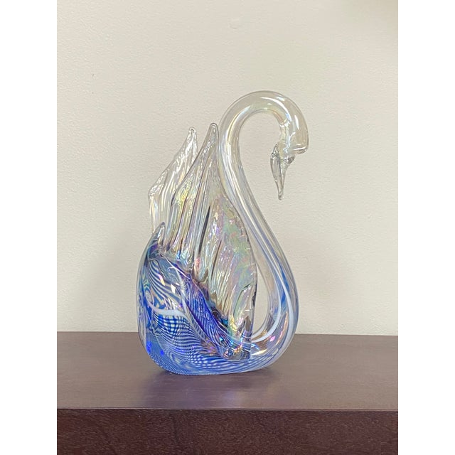 1990s Contemporary Signed Stuart Abelman Iridescent Art Glass Swan Sculpture For Sale - Image 5 of 15