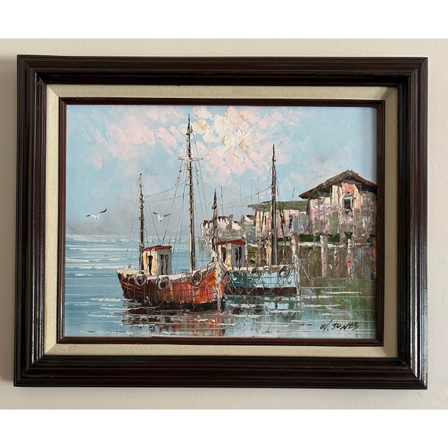 Vintage original impressionist oil painting on canvas of fishing boats at dock. In original wood frame with linen liner....