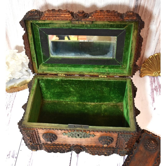 Antique Tramp Art Box With Velvet Interior and Mirror Secret Spot For Sale - Image 15 of 18