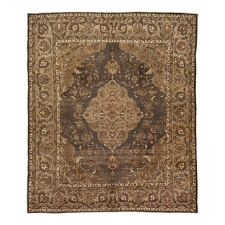 1930s Vintage Tabriz Wool Rug Handmade in Gray and Brown With Medallion Motif For Sale
