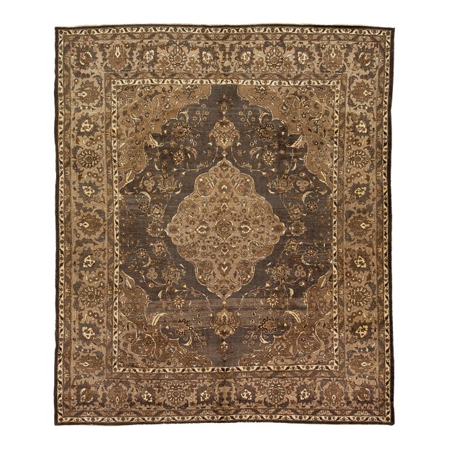 1930s Vintage Tabriz Wool Rug Handmade in Gray and Brown With Medallion Motif For Sale