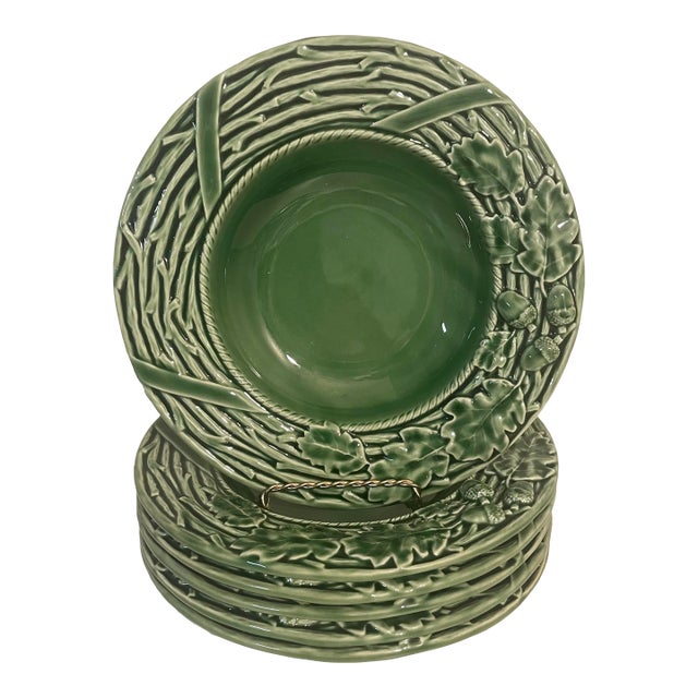 Vintage Bordallo Pinheiro Green Majolica Bowls - Oak Leaf Acorn Pattern - Set of 6 For Sale