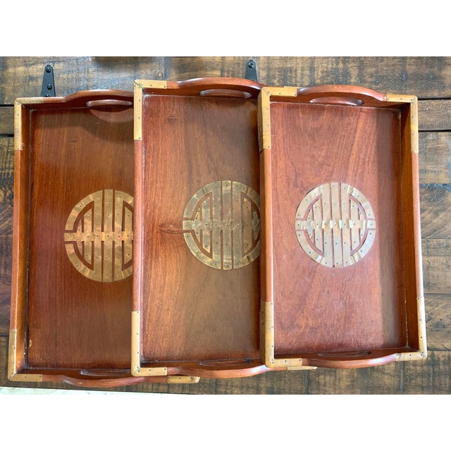 Mid 20th Century Vintage Asian Rosewood Serving Tray With Brass 3 Pieces Mid Century For Sale - Image 5 of 12