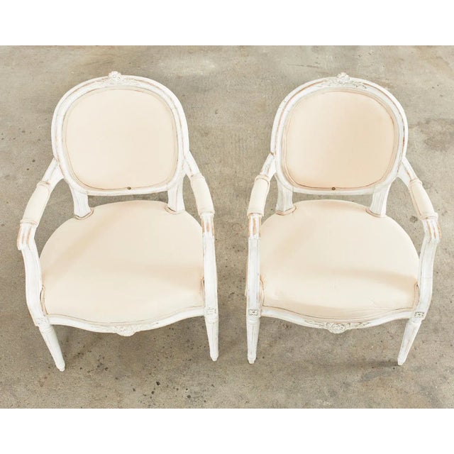 Set of Four Louis XVI Gustavian Style Painted Dining Armchairs For Sale - Image 4 of 13