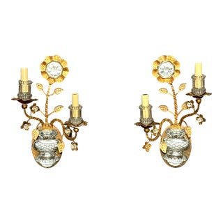 Late 20th Century Pair of Maison Bagues Gilt Metal and Glass Floral Wall Sconces For Sale