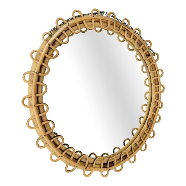 Italian Round Rattan and Bamboo Wall Mirror from Franco Albini, 1950s For Sale