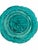 Five turquoise-green faïence plates with scalloped rims, richly patterned borders, and distinct pictorial centers...