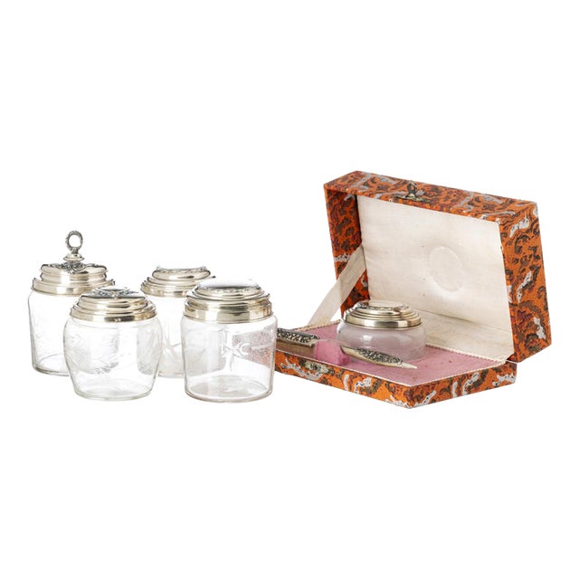 Silver Case and Silver-Lidded Flasks, 19th Century, Set of 5 For Sale