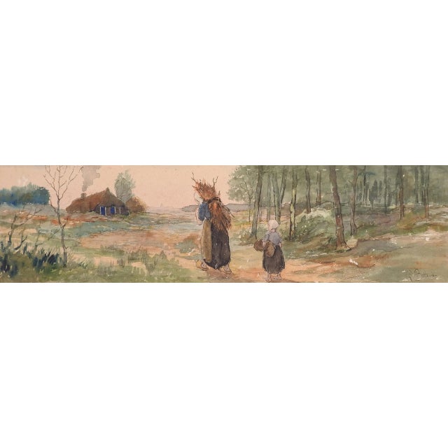 Vintage late 19th century watercolor on paper Dutch rustic pastoral painting with mother and child carrying firewood to a...