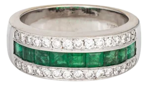 1980s Emerald Diamond Band Size 6.75 Ring 18k White Gold Estate Fine Gemstone Jewelry