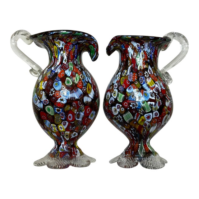 1950's Italian Attributed Murano Millefiori Glass Vases- Set of 2 For Sale