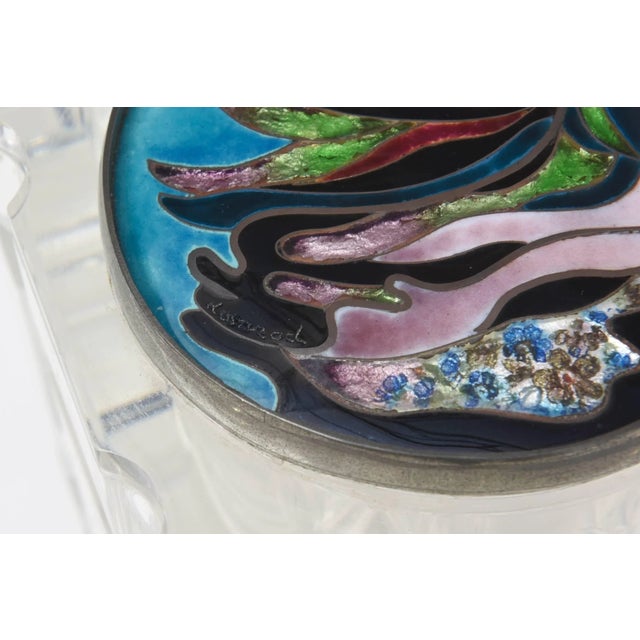 Paint Vintage Lucite Vessel or Box With Signed Foiled Enameled Cloisonne Top For Sale - Image 7 of 11