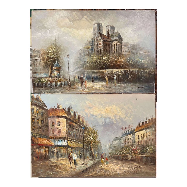 Pair of Mid-Century Parisian Scenes Oil on Canvas Paintings Signed C. Burnett For Sale