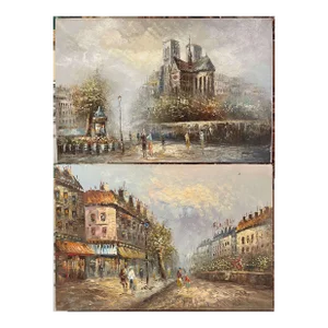 Pair of Mid-Century Parisian Scenes Oil on Canvas Paintings Signed C. Burnett
