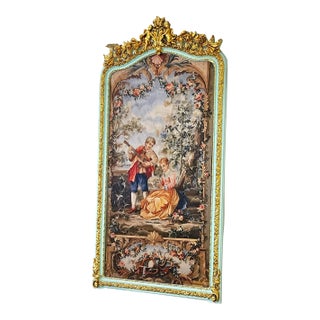 French Rococo Romantic Wall Art – Gilded Green Frame With Elegant Musical Couple Scene For Sale