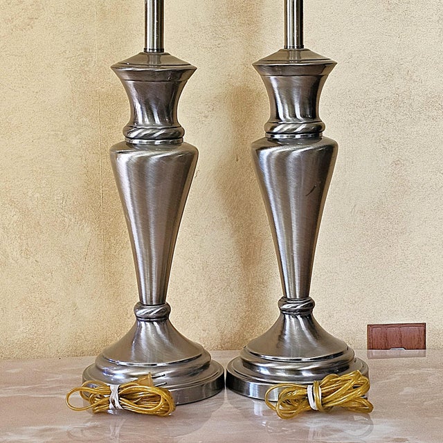 Pair of Vintage Stiffel Brushed Brass Table Lamps With Original Markings, Hollywood Regency Style For Sale - Image 16 of 18