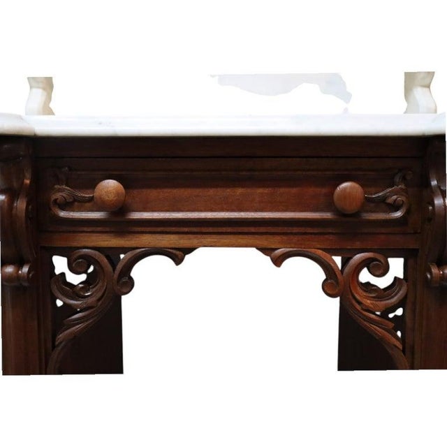 Carved Walnut & Burl Marble Top Server Desk With Candle Stands C1880 For Sale - Image 4 of 11