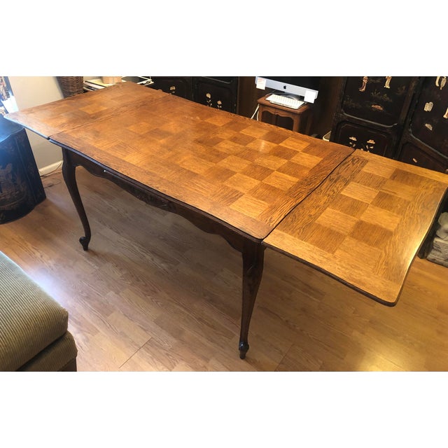 Beautiful French Country draw leaf or refectory table with unique parquet top with two leaves 17” each with leaves out...