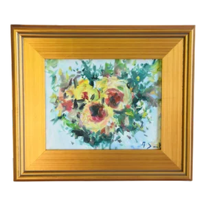 Abstract Floral Flowers Bouquet Oil Painting W/ Antique Gold Wood Frame