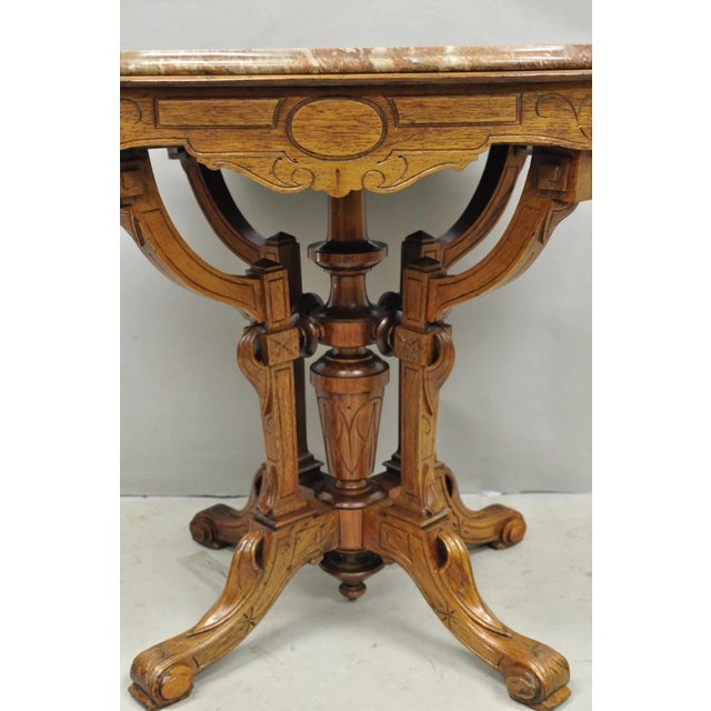 Late 19th Century Antique Eastlake Victorian Carved Walnut Marble Top Parlor Lamp Side Table For Sale - Image 5 of 14