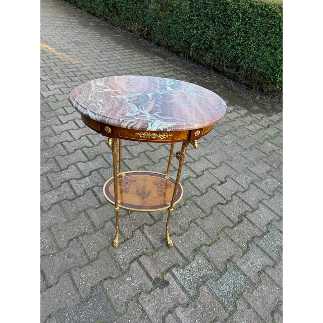 1980 French Louis XVI Gold Mahogany Marble Side Tables 2pc For Sale - Image 6 of 17
