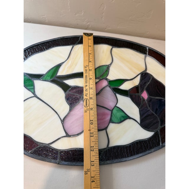 Glass Vintage Handcrafted Oval Shaped Large Floral Motif Stained Glass Panel Suncatcher Window Hanging 18” X 13” For Sale - Image 7 of 9