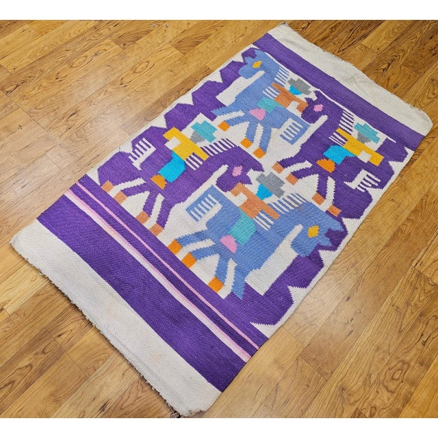 American Vintage Southwestern Pictorial Kilim Area Rug, Handwoven Pictorial Design, Lavender & Ivory, 3’ X 5’ For Sale - Image 3 of 10