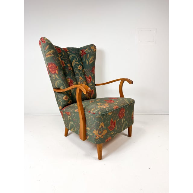 Swedish High Back Lounge Chair With Floral Upholstery, 1950's For Sale - Image 9 of 9