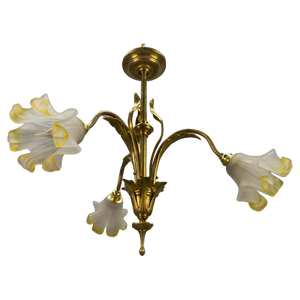 French Art Nouveau Brass and Glass 3-Light Iris-Shaped Chandelier, 1910s