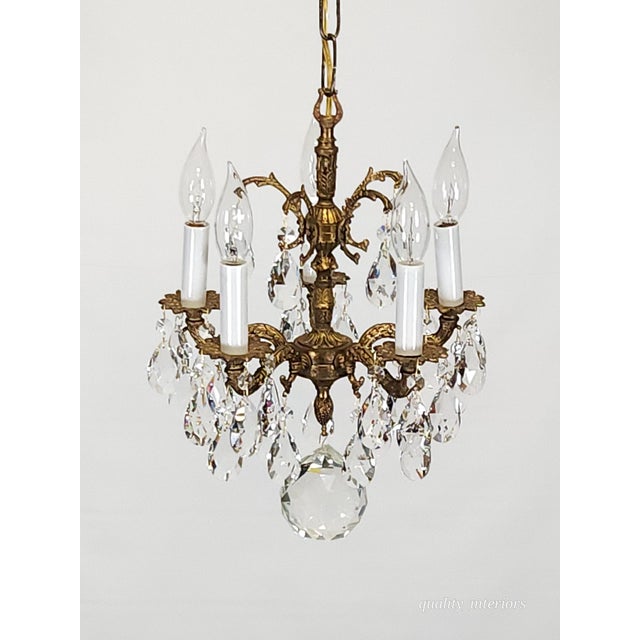 Antique 5 Arm 5 Light Tiny Dancer Brass Cut Lead Glass Crystal Chandelier For Sale - Image 11 of 12