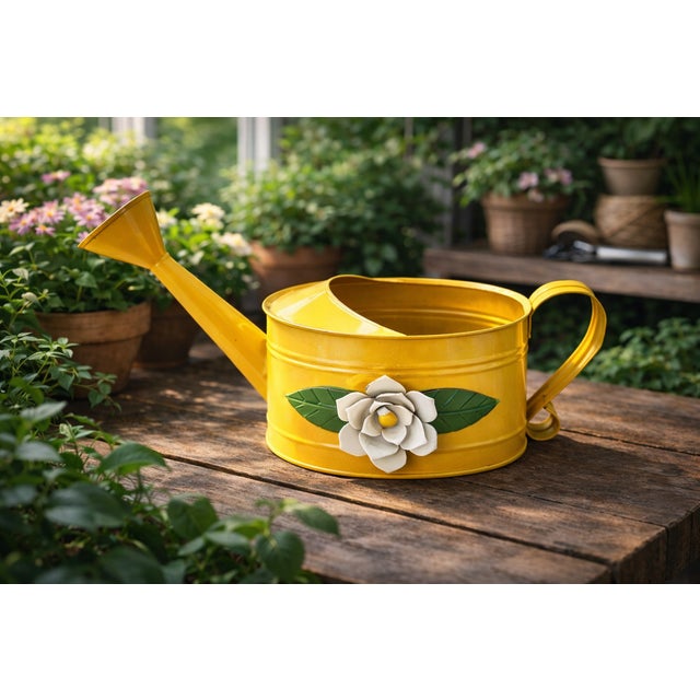 Vintage Yellow Toleware Watering Can With Floral Detail – Cottage Garden Planter Decor - Teleflora For Sale - Image 12 of 12