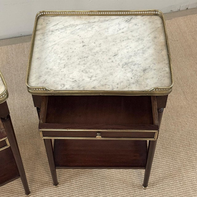 Pair of Antique French Louis XVI Mahogany End Tables With Carrara Marble Tops For Sale - Image 17 of 18