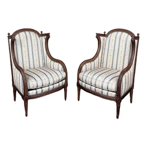 Pair Antique French Louis XVI Walnut Upholstered Bergeres ~ Armchairs