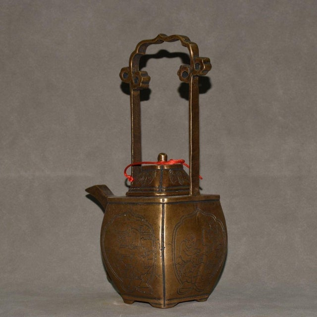 1960s Vintage Copper Wine Pot | Figural Scene Panel | Chinese Square Kettle With Handle For Sale - Image 5 of 9