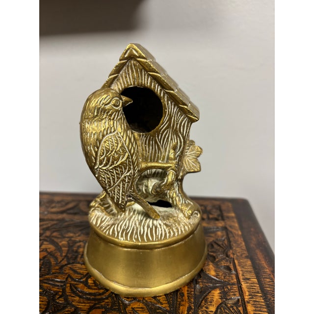This delightful vintage English brass bird and birdhouse figure is a charming decorative accent, beautifully rendered with...