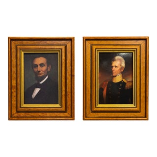Vintage Abraham Lincoln & Andrew Jackson Presidential Portrait Plaques – Framed Americana Wall Art Pair Reproduction For Sale