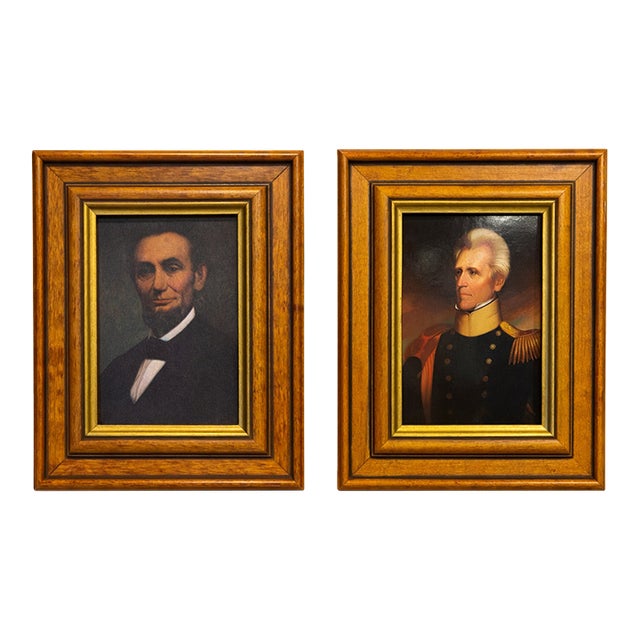 Vintage Abraham Lincoln & Andrew Jackson Presidential Portrait Plaques – Framed Americana Wall Art Pair Reproduction For Sale