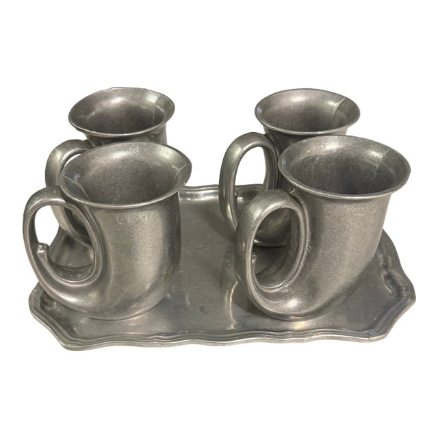 1970s Wilton 4 12 Oz. Pewter French Horn Noggin Beer Stein Mugs With Tray - 5 pcs For Sale