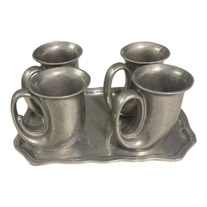 1970s Wilton 4 12 Oz. Pewter French Horn Noggin Beer Stein Mugs With Tray - 5 pcs