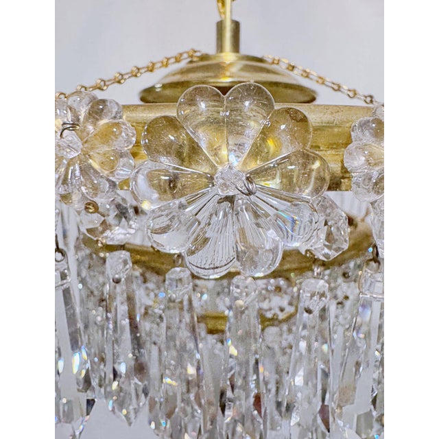 Brass Vintage Brass and Glass Rosette Rim and Crystal Prism Chandelier For Sale - Image 8 of 12