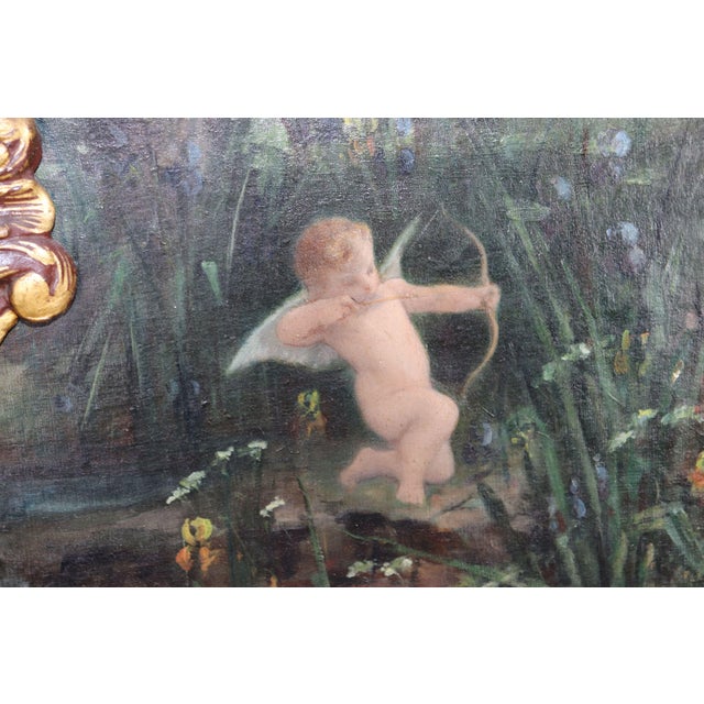 19th C French Louis XV Style Ebonized Trumeau Mirror With Painting of Nude For Sale - Image 4 of 6