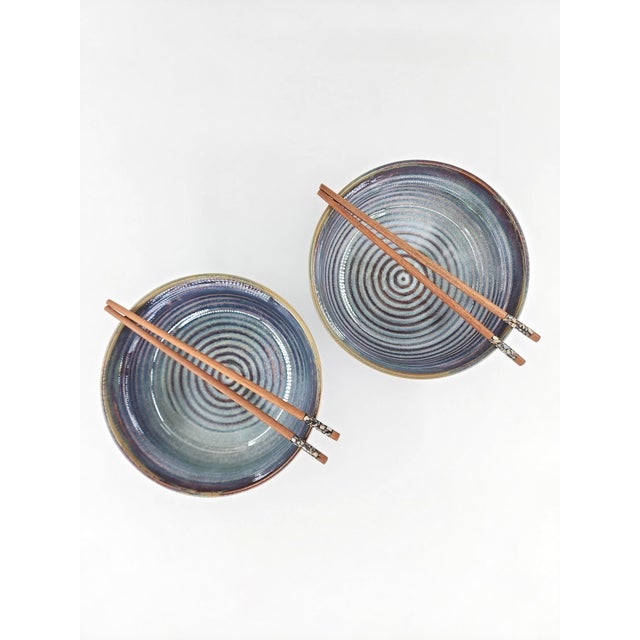 Modern Set of Two 8" Hand-Glazed Bát Tràng Stoneware Ramen Bowls in Iridescent Indigo Color For Sale - Image 3 of 6