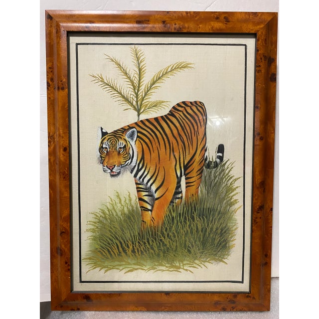 Burnt Orange 20th C. Burlwood Framed Tiger Painting For Sale - Image 8 of 8