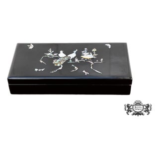 Chinese Black Lacquer Box Mother of Pearl Abalone Shell Inlay Peacock Butterfly For Sale
