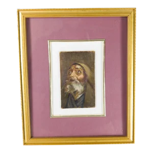 19th Century Oil Painting Study Portrait of an Old Religious Man Signed Illegibly