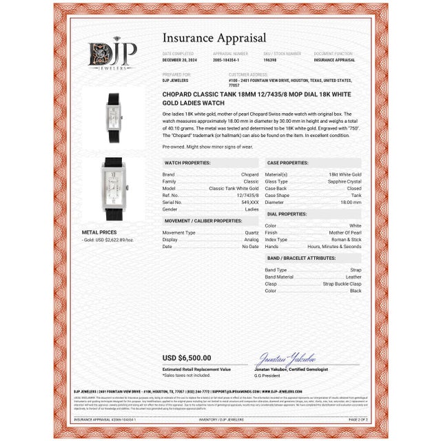 Chopard Classic Tank 18mm 12/7435/8 Mop Dial 18k White Gold Ladies Watch For Sale - Image 11 of 11